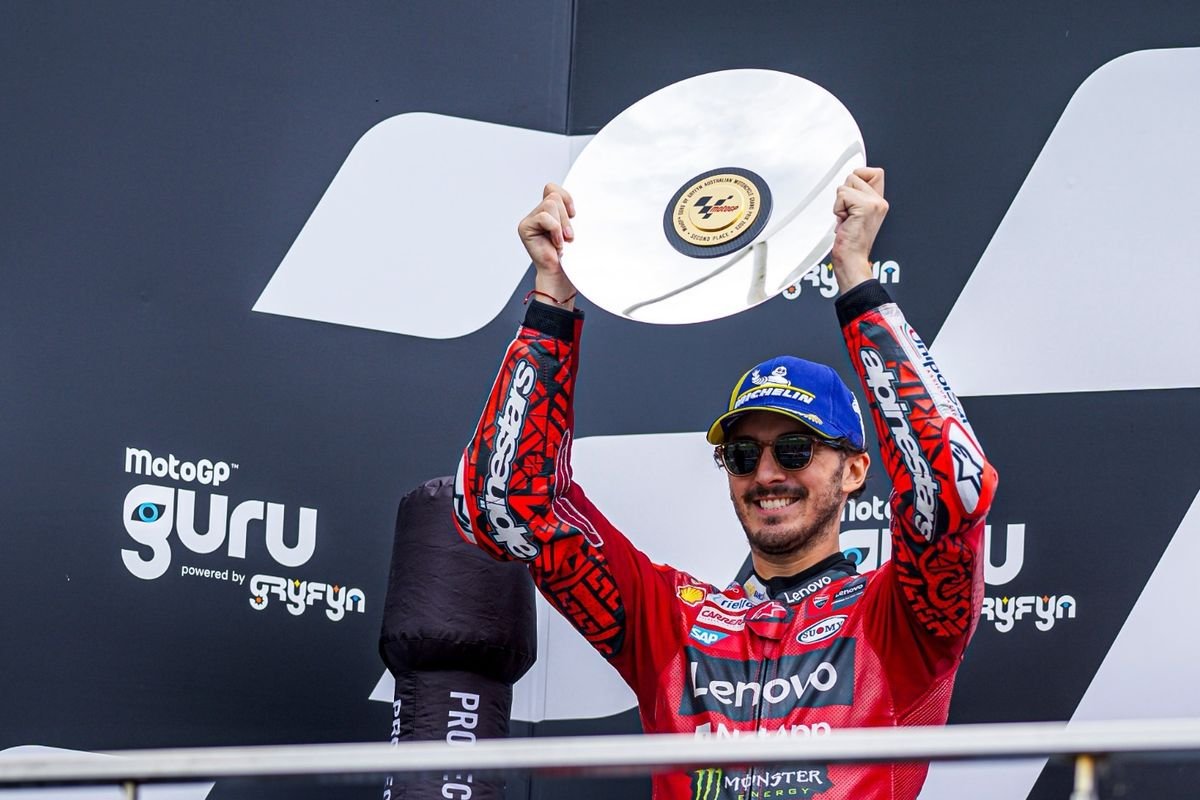 Pebalap Ducati, Francesco Bagnaia, finis di podium kedua pada MotoGP Australia 2023 di Sirkuit Phillip Island, Sabtu (21/10/2023). (Dok. Ducati)