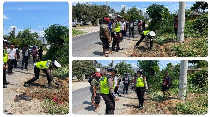 Polisi melakukan olah tkp kecelakaan maut yang menewaskan balita 2 tahun di Simpang 3 Simpang Aji tepatnya di Dusun Gunung Pasir Desa Gunung Kabupaten. OKU Selatan pada Rabu (13/12/2023) sekitar pukul 12.00 WIB siang